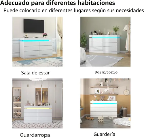 Miniatura 7 de Gyfimoie Cómoda de 6 cajones con toma de corriente, Cómoda con luz LED, Cajonera moderna para armario, Organizador de cajones doble ancho para Blanco