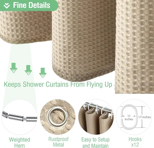 Miniatura 5 de Dynamene Cortina de ducha de tela beige – Cortinas de ducha de tela resistente con textura de gofre para baño, 256 GSM, juego de cortina de baño