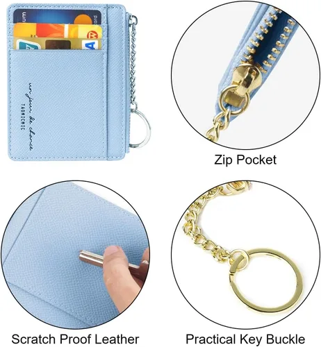 Miniatura 83 de URAQT Cartera para tarjetas de crédito, cartera minimalista de cuero delgado con cremallera, mini protector de tarjeta de crédito, llavero bolsillo