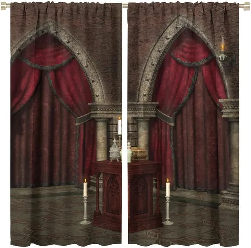 Miniatura 15 de Cortinas góticas con diseño de luna de Halloween, historia, puerta espeluznante, fondo de terror, vela, ficción, patrón de impresión, sala de estar