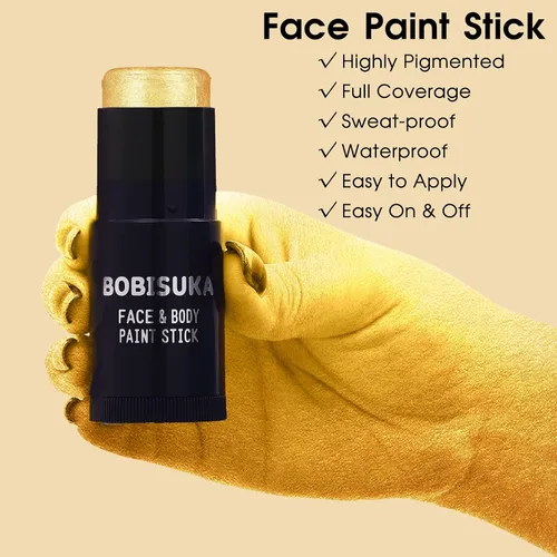 Miniatura 2 de BOBISUKA Palo de pintura facial dorada, impermeable, metálico, dorado, de cuerpo completo, kit de pintura mezclable para Halloween, maquillaje SFX