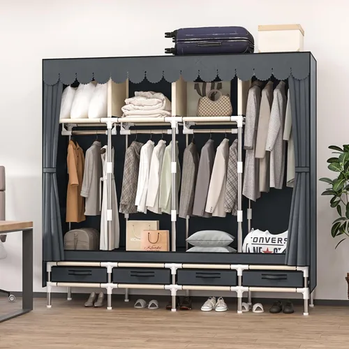 Miniatura 2 de Armario portátil con 3 cajones y 3 varillas para colgar, armario de tela para colgar ropa, funda gris, para ropa, ropa de cama, 51 pulgadas de ancho