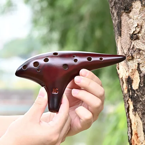 Miniatura 2 de Ocarina de 12 agujeros Alto C de paja, cerámica ahumada, piccolo, instrumento musical para adultos con libro de canciones y bolsa para el cuello