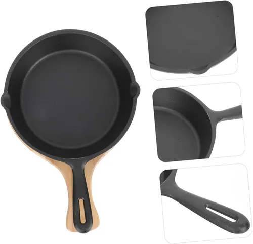 Miniatura 8 de Sartén antiadherente de hierro fundido grueso con mango y tabla de madera, sartén para cocinar carne y huevos para el hogar, cocina, conducción