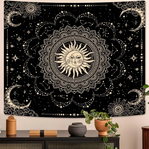 Miniatura 4 de ARTCREATOR Tapiz de sol y luna, tapices de mandala negro dorado para colgar en la pared, decoración bohemia hippie para dormitorio, sala de estar
