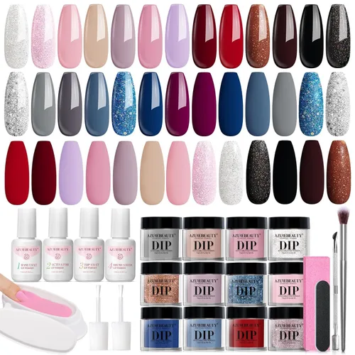 Miniatura 24 de AzureBeauty Kit de iniciación de polvo de inmersión para uñas, color azul, rojo, verde, purpurina, 31 piezas, 20 colores, polvo de inmersión