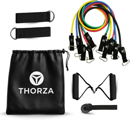 THORZA Juego de 11 piezas de entrenamiento de fuerza de cuerpo completo con bandas de resistencia, bandas de ejercicio de tubo de 5 niveles, sin