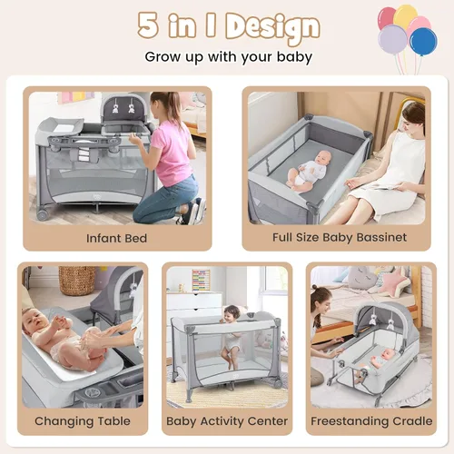 Miniatura 2 de BABY JOY 4 en 1 Pack and Play, corralito portátil para bebé con moisés y mesa cambiadora de pañales, moisés infantil centro de actividades para cuna