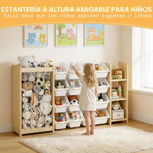 Miniatura 7 de EXPERLAM Organizador de almacenamiento de juguetes 3 en 1, soporte para animales de peluche y estantería de 3 niveles, organizador de juguetes