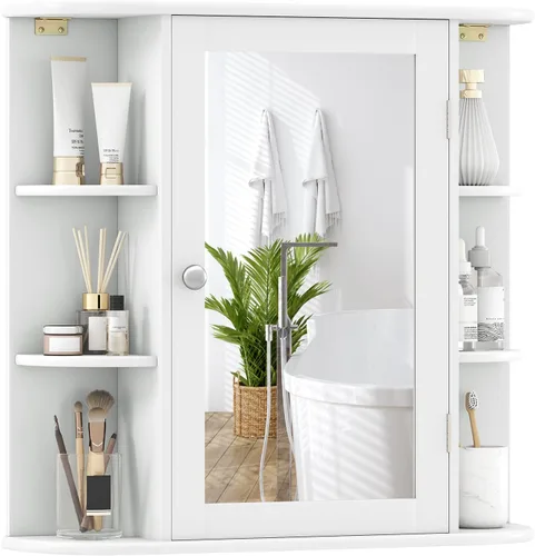 Giantex Botiquín de baño, armario de espejo de baño montado en la pared con puerta de espejo y 4 estantes interiores, 6 estantes abiertos, Blanco