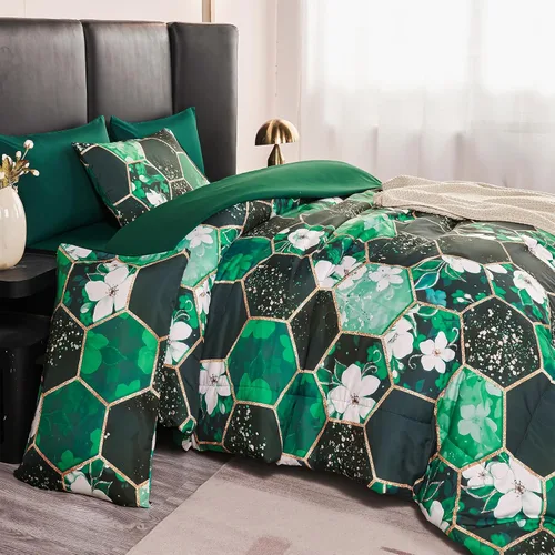 Miniatura 16 de ZRNBAST - Juego de edredón de nido de abeja negro de tamaño completo de 7 piezas, ropa de cama hexagonal suave y ligera, de mármol para todas