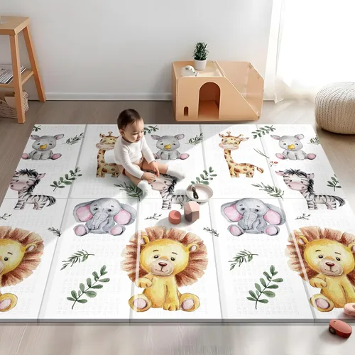 NOONKTY Tapete de juego extra grande de 79 x 71 pulgadas para el suelo, tapete de juego de espuma plegable para bebés de 0 a 12 meses y niños, León
