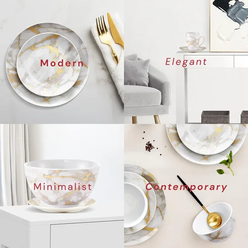 Miniatura 6 de Safdie & Co - Juego de vajilla de cerámica de porcelana de 16 piezas, diseño ligero, apilable, en acabado mármol dorado/gris dorado (Gold Marble)