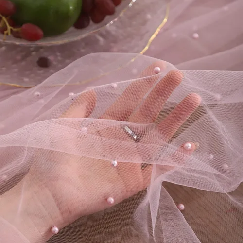 Miniatura 2 de Mantel de encaje rosa con perla de 55 x 55 pulgadas, funda de mesa de tela de tul transparente para decoración de arco de boda, cumpleaños, fiesta