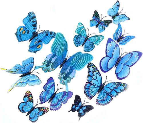 BOPART - 24 calcomanías de mariposa 3D para decoración de fiestas, mariposas azules, decoración de pared, mariposa magnética para manualidades (12