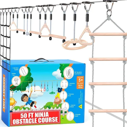 Hyponix - Carrera de obstáculos Ninja Warrior para niños, línea floja de 2 x 50 pies con 10 obstáculos ninja al aire libre, soporta 880 libras - Red