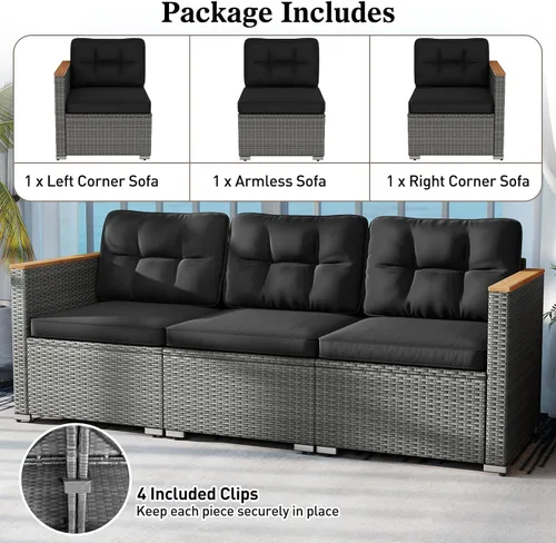 Miniatura 9 de Tangkula Sofá de mimbre para patio de 3 asientos, juego de muebles de ratán de 3 plazas con reposabrazos de madera de acacia y cojín grueso, sofá