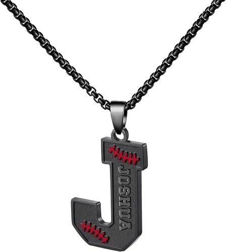 Miniatura 30 de Ldurian Collar personalizado con nombre de béisbol, cadena negra de acero inoxidable, collar con nombre deportivo, letra A-Z de 24 pulgadas, regalos