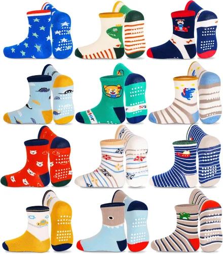 Miniatura 9 de GRPSKCOS Calcetines antideslizantes para niños pequeños, 12 pares de calcetines antideslizantes para niños y niñas de 1 a 7 años