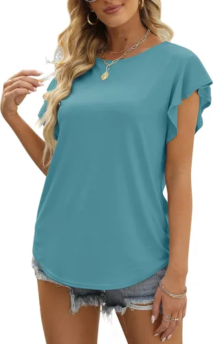 MIROL - Blusa informal de verano para mujer, blusa de manga corta con volantes y cuello redondo, unicolor, tipo túnica