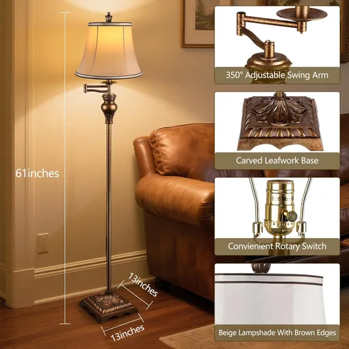 Miniatura 2 de PARTPHONER Lámparas de pie vintage para sala de estar, lámpara de pie tradicional ajustable de 350° con brazo oscilante para dormitorio, lámpara