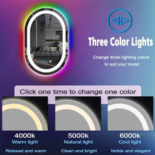 Miniatura 4 de Espejo de baño ovalado RGB de 24 x 16 pulgadas con luces delanteras inteligentes regulables de 3 colores y arco iris, colorido cambiante