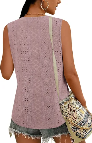 Miniatura 2 de Zwurew Camiseta sin mangas para mujer, ajuste holgado, sin mangas, cuello en V, camisola, elegante, casual, con ojales, para verano, blusa fluida