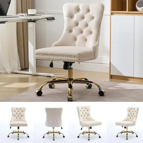 Miniatura 6 de Bonita silla de tocador beige con ruedas, silla de escritorio de oficina cómoda sin brazos de terciopelo para el hogar, silla giratoria