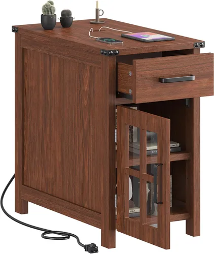 Miniatura 14 de VVFLU Mesa auxiliar estilo granja con estación de carga y 1 gabinete de almacenamiento, 1 cajón, mesita de noche de madera negra estrecha, mesa