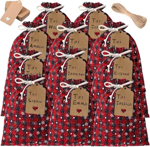 Miniatura 13 de Shappy 24 bolsas de Navidad con cordón, bolsas de arpillera a cuadros de Navidad, bolsas de lino con cuerda de 32.8 pies, 24 tarjetas