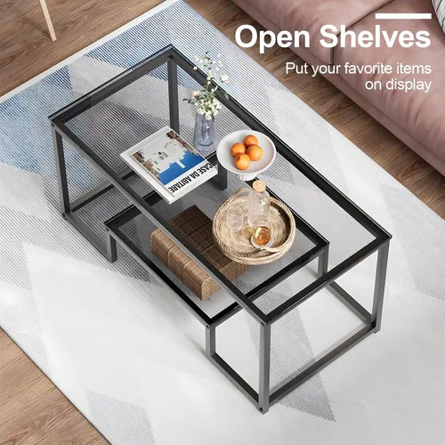 Miniatura 7 de Wolawu Mesa de Café de Cristal Gris Mesa de Café para Sala de Estar, Mesa Central Rectangular de 2 Niveles con Marco de Metal Resistente, Mesa