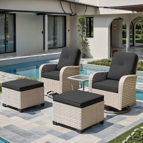 Miniatura 10 de Juego de muebles de patio de 3 piezas, sillas mecedoras giratorias para exteriores con mesa auxiliar de ratán, juegos de mimbre para patio