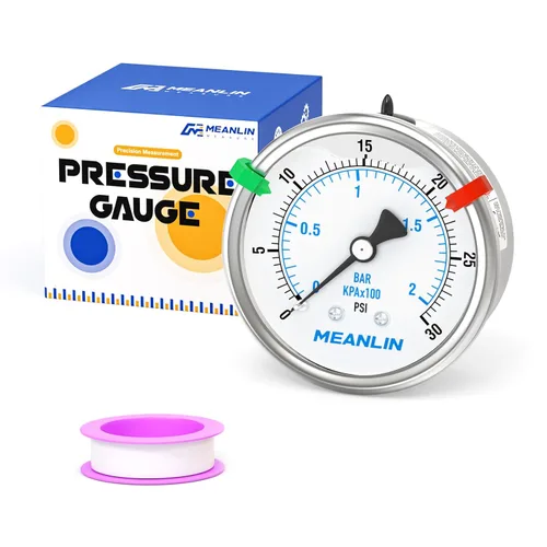 Miniatura 32 de MEANLIN MEASURE Medidor de presión de acero inoxidable relleno de líquido de 0 ~ 100 psi con junta de acero inoxidable 316, esfera de cara NPT