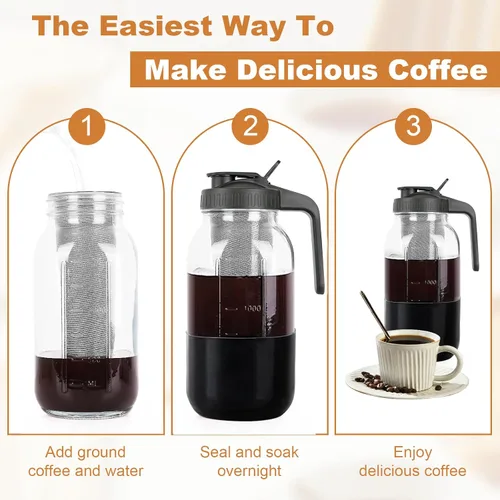 Miniatura 7 de Cafetera de café frío, jarra de frasco Mason con filtro de acero inoxidable, tapa con mango y pico vertedor, vidrio resistente hermético y a prueba