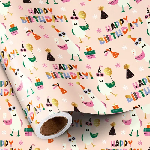 Miniatura 15 de RUSPEPA - Rollo de papel de regalo de cumpleaños para niñas, mini rollo, lindo diseño de ajolote y submarino con texto de feliz cumpleaños