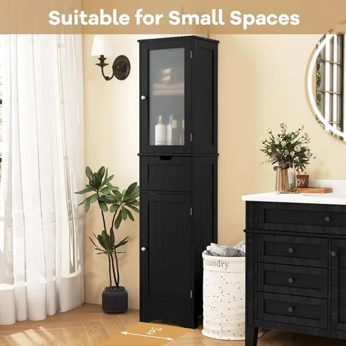 Miniatura 6 de Tangkula Armario de almacenamiento de baño de 67 pulgadas de alto, torre independiente delgada con 2 puertas y 1 cajón, gabinete de piso estrecho