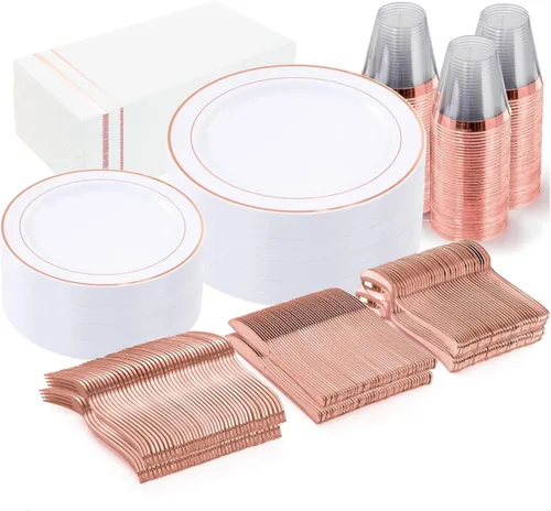 Miniatura 25 de GATHER 350 platos de plástico dorados. El juego de vajilla de plástico desechable blanco y dorado incluye 50 platos llanos, 50 platos de postre, 150