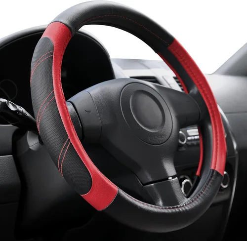 Miniatura 8 de Elantrip Funda de volante de cuero deportivo 14 1/2 pulgadas a 15 pulgadas universal, acolchada, de agarre suave y transpirable para coche, camión