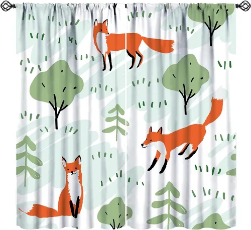 Miniatura 21 de Cortinas opacas de dibujos animados de animales de bosque naranja, zorro, flores, luna, hojas azules, arte abstracto, niños y niñas, decoración