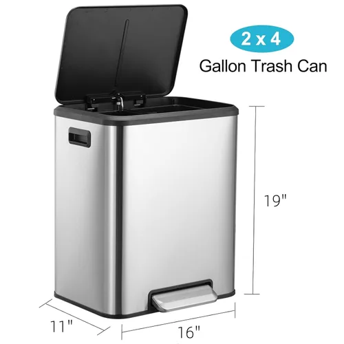 Miniatura 7 de GAOMON Cubo de basura doble de cocina y cubo de reciclaje, 2 x 4 galones, cubo de basura de acero inoxidable, 30 litros, contenedor
