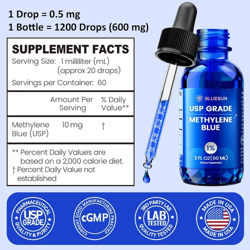 Miniatura 7 de Bluesun Gotas de Azul de Metileno 1% - Grado USP 2 fl. oz (60 ml) - Tercera Parte Testada - Calidad Farmacéutica - Botella de Vidrio Ámbar - COA