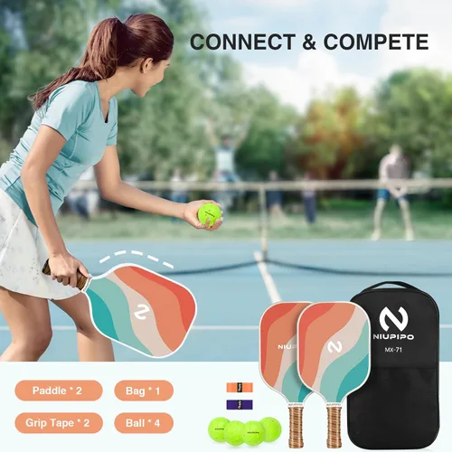 Miniatura 2 de niupipo Pickleball Paddles Set of 2/4/1, USAPA Approved Carbon Fiber & Fiberglass Hybrid, Easy Power, Polypropylene Honeycomb Core, Cushioned 4.72