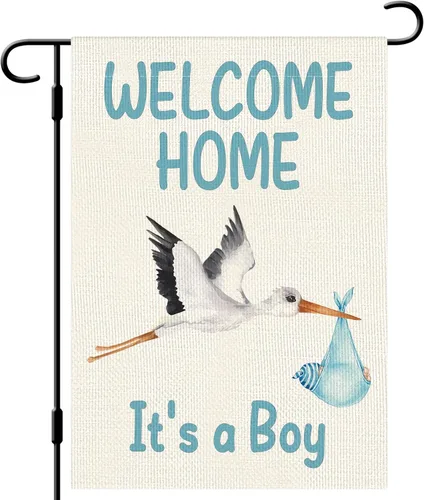 DLZDN Bandera de jardín de bienvenida a casa para bebé, baby shower, bandera de jardín de 12 x 18 pulgadas, bandera de arpillera de doble cara para