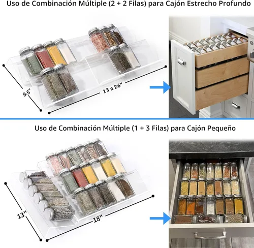 Miniatura 5 de MIUKAA Organizador de cajones de especias de acrílico transparente, 4 niveles, 2 juegos ampliables de 13 a 26 pulgadas, organizador de condimentos