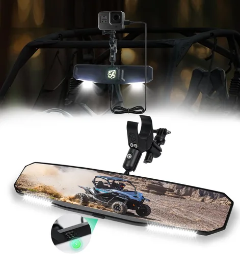 Miniatura 7 de Xprite Espejo retrovisor UTV de 13 pulgadas, espejo central SXS UTV con luces interiores, abrazadera de aluminio ajustable para montaje de 1.5 a 2