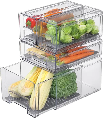 Miniatura 11 de Cajones organizadores de refrigerador transparentes extraíbles con escurridor, contenedores de almacenamiento apilables para refrigerador