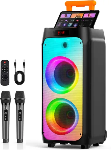 HWWR Máquina de karaoke con 2 micrófonos inalámbricos, gran altavoz Bluetooth para fiestas con 500 W de potencia pico para adultos, sistema PA con