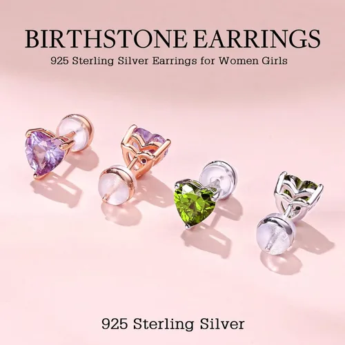 Miniatura 5 de Aretes de plata de ley 925 con piedra natal de corazón para mujer, aretes de tuerca con piedra natal de corazón para mujeres, adolescentes, niñas