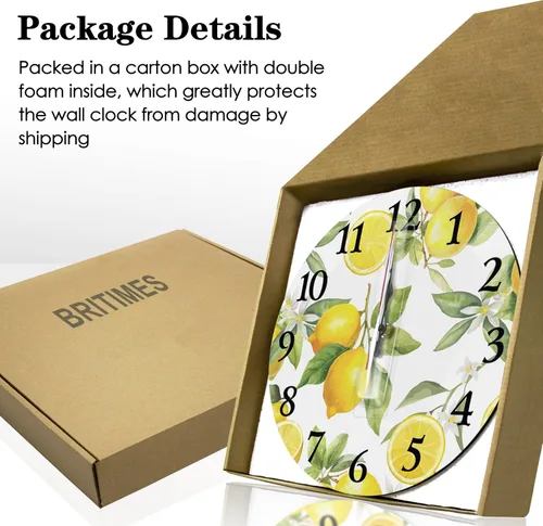 Miniatura 5 de Britimes Reloj de pared redondo silencioso sin tictac, funciona con pilas, 10 pulgadas, decoración del hogar de limón de verano para sala de estar