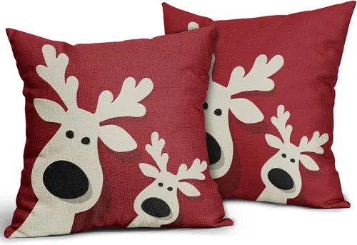Miniatura 2 de Juego de 2 fundas de almohada rojas de Navidad de 16 x 16 pulgadas, decoración de Navidad de ciervos de Navidad, estampado de invierno, fundas